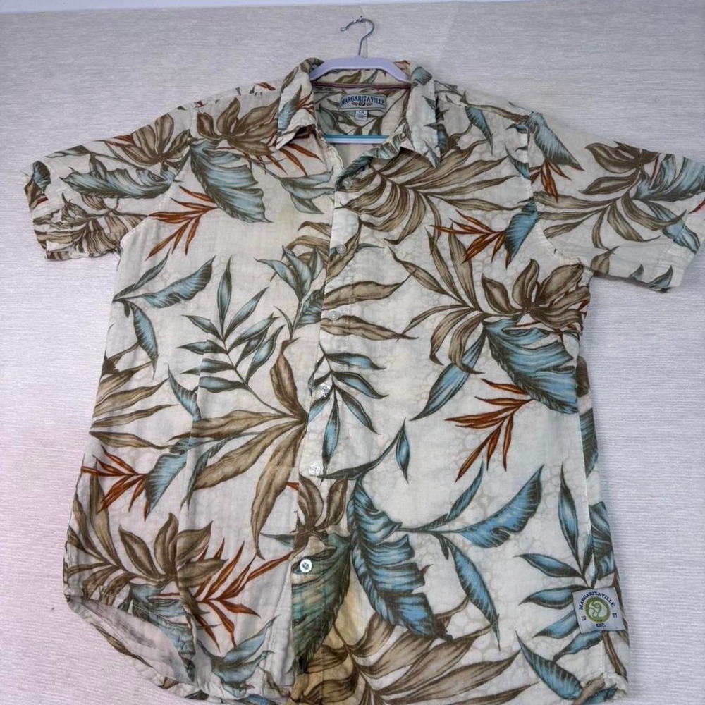 Margaritaville Mens Large Tropical Hawaiian Floral Button Up Shirt Cotton